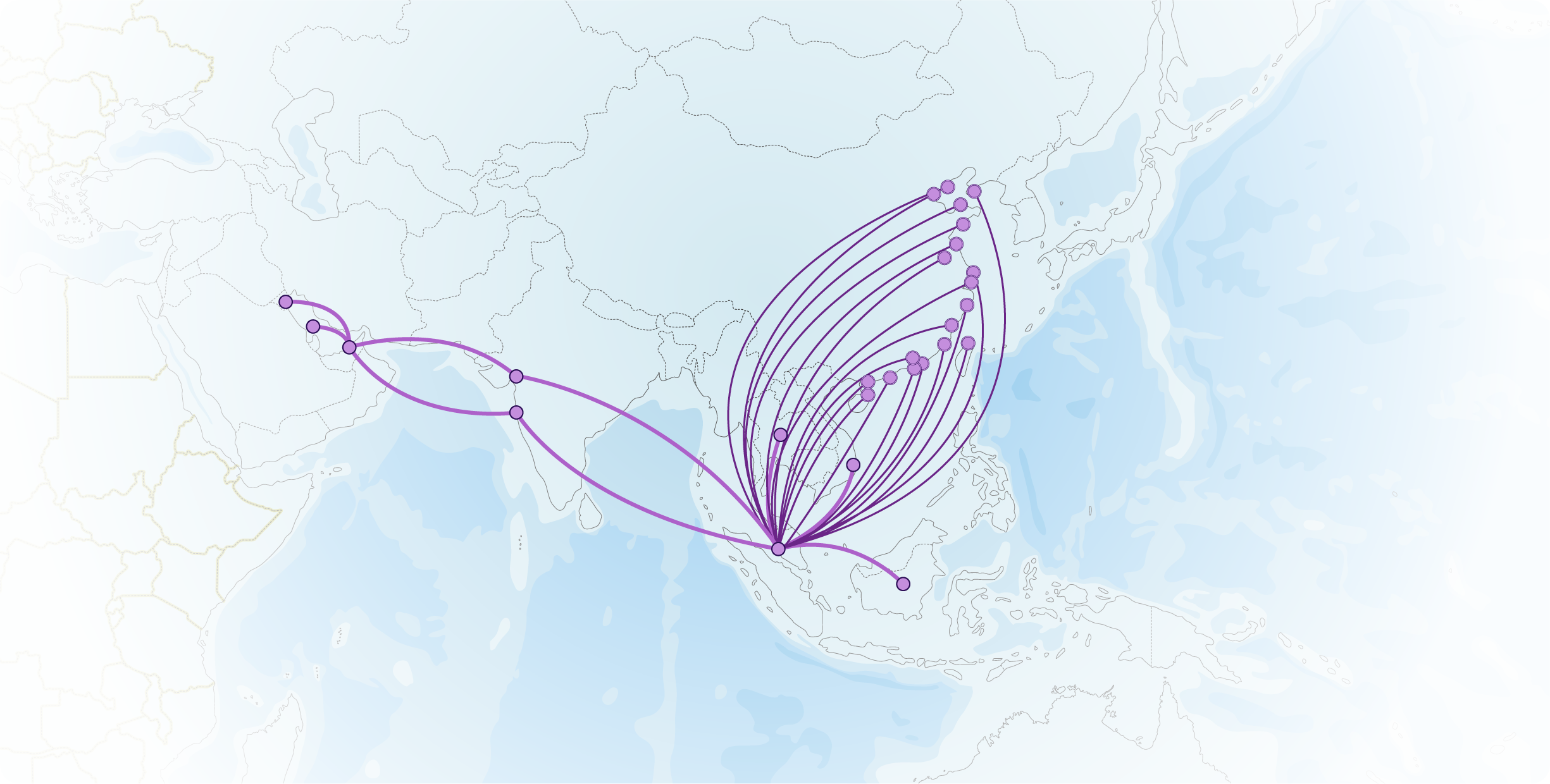 Y Liner trade coverage map across Africa, China, Southeast Asia, South Asia, and the Middle East